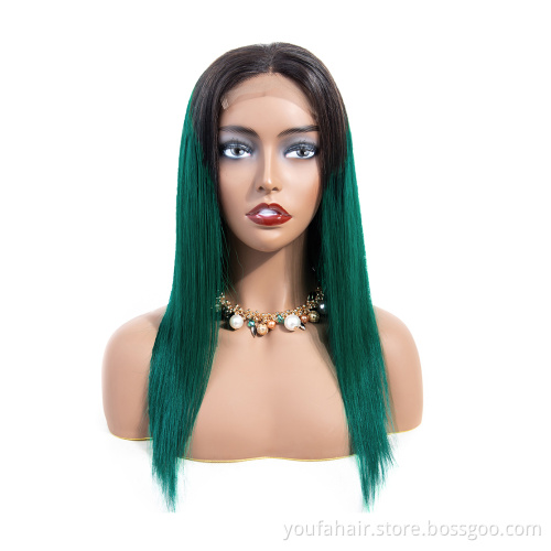 Free Sample Brazilian Virgin Human Hair 1b/green Ombre Color 4x4 Transparent HD Lace Closure Wig Straight Hair Lace Front Wigs